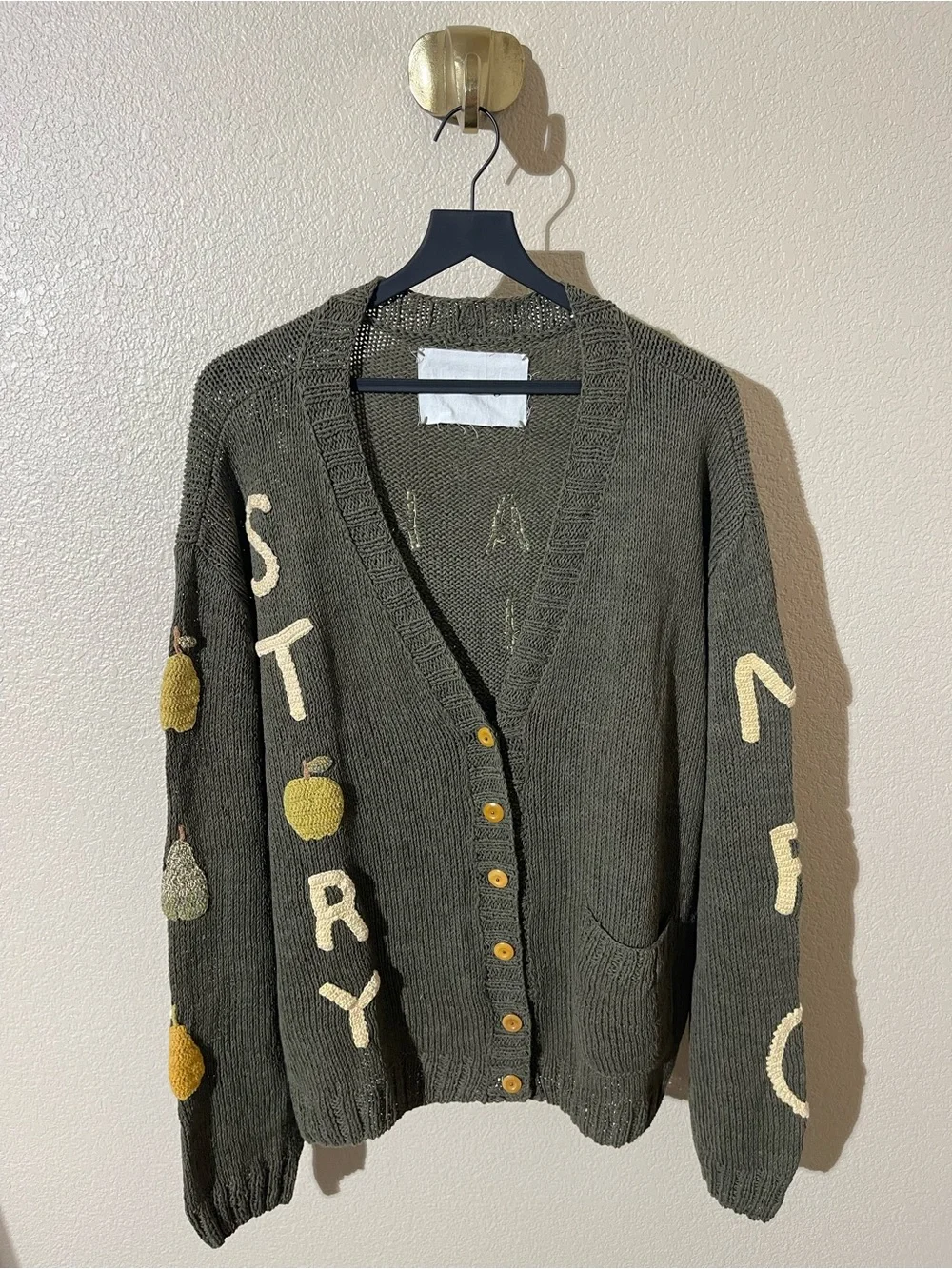 Story Mfg.  Men's Olive Green Embroidered Button-Front Cardigan